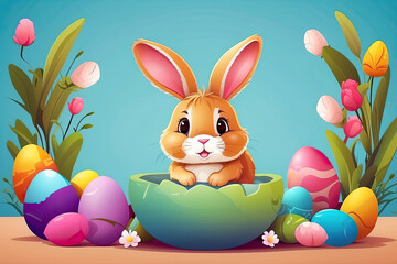 A cute Easter bunny with a basket of eggs and spring flowers is an illustration of a children character, a traditional holiday card on a colored background. 