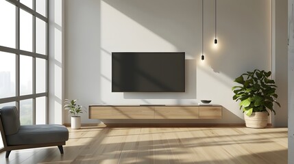 Interior mock up living room. cabinet for TV or place object in modern living room with lamp,table,flower and plant