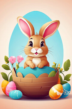A cute Easter bunny with a basket of chocolate eggs and spring flowers is an illustration of a children character, a traditional holiday card on a colored background. AI generated
