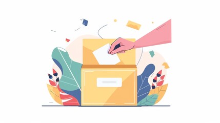 The concept of online feedback, depicted by a hand placing paper into a feedback box, in a straightforward, flat design - obrazy, fototapety, plakaty