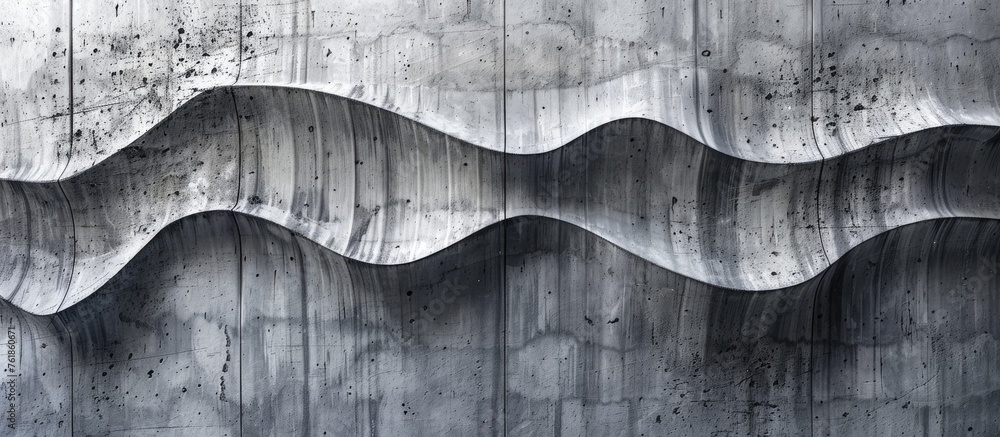 Poster a monochrome photograph showcasing an urban design pattern of waves on a concrete wall, creating a s