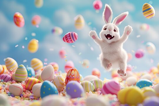 Cute Easter Bunny Jumping into a Pool of Easter Eggs