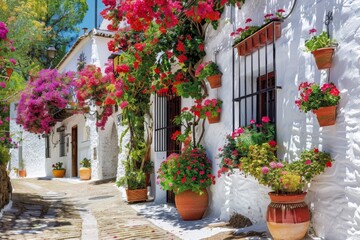 Narrow street white walls flowerpots Greece