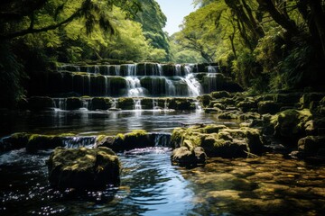 Waterfall cascades through trees and rocks in forest - obrazy, fototapety, plakaty