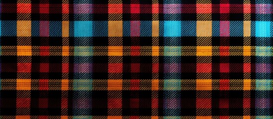 A closeup of a vibrant Tartan plaid pattern in electric blue and magenta on a black textile background, showcasing the symmetry and composite material with various tints and shades - obrazy, fototapety, plakaty