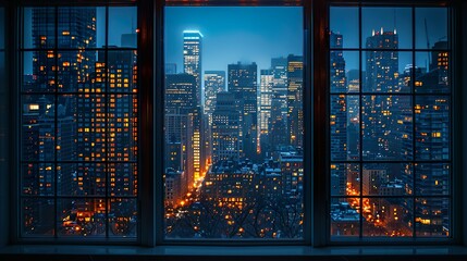 Landscape from inside a building with the structure of a window and a beautiful view of the city at night.