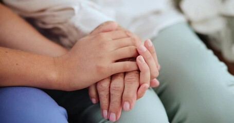 Senior care, support or closeup of caregiver holding hands with patient for healthcare, wellness or service. Empathy, love or nurse helping for comfort or elderly person for medical tips and nursing - Powered by Adobe