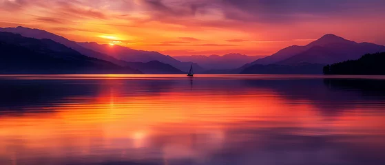 Zelfklevend Fotobehang A captivating sunset landscape with the sky ablaze in hues of orange, pink, and purple, reflecting off the calm waters © DigitaArt.Creative