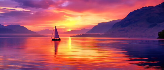 A captivating sunset landscape with the sky ablaze in hues of orange, pink, and purple, reflecting off the calm waters - obrazy, fototapety, plakaty