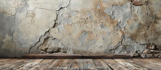 An empty room with a wooden floor and a cracked stone wall, creating a contrast of grey and brown composite materials. The rectangle shape adds a sense of artistic symmetry to the space - obrazy, fototapety, plakaty