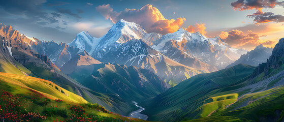 A breathtaking mountain landscape with towering snow-capped peaks piercing the azure sky