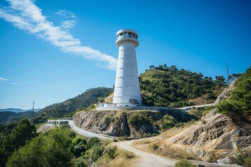 White Lighthouse Perched on Hill - Powered by Adobe