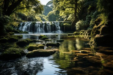 Waterfall amidst trees and rocks, a natural fluvial landform in the forest - obrazy, fototapety, plakaty