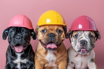 Three Dogs in Hard Hats Sitting Together