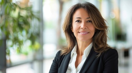 That elegant middle-aged Latino professional, corporate leader, happy woman, manager, female executive wearing a suit stands in the office.