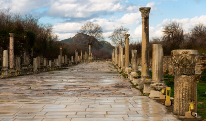 View of ruins of Arcadian or Harbor Street of in ancient Greek settlement of Ephesus on winter day,...