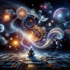 A captivating image merging concepts from cosmology, spirituality, and sacred geometry.