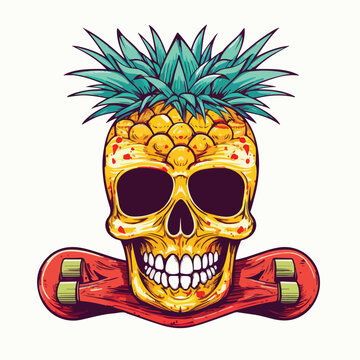 Pineapple skull on skateboard illustration 