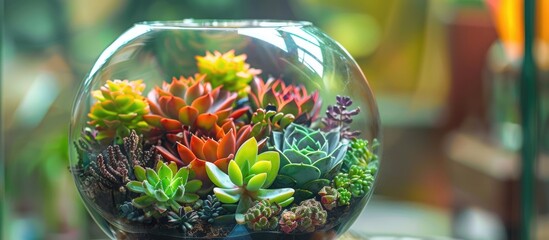 Decorative arrangement of diverse succulents in a glass terrarium, ideal for enhancing indoor spaces. Soft focus.