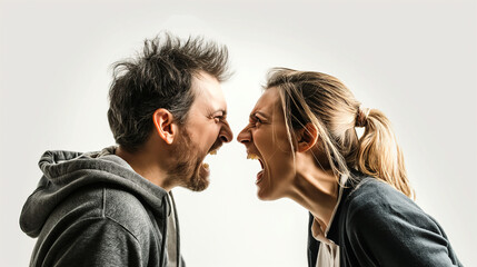 Adult couple arguing. white background