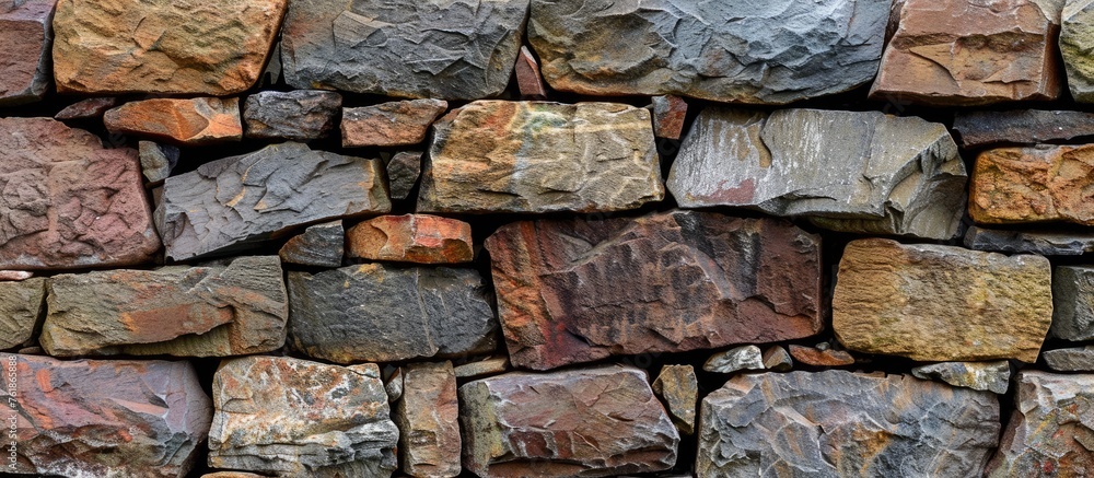 Poster a closeup of a stone wall made of various types of rocks, showcasing an intricate pattern of rectang