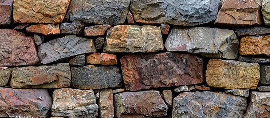 A closeup of a stone wall made of various types of rocks, showcasing an intricate pattern of rectangle bricks creating an artistic display using natural building materials