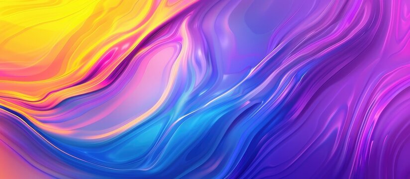 Vibrant Multicolored Wavy Swirl Gradient Background. Neon Blue Flowing Rainbow Wallpaper. Soft Dynamic Gradient Backdrop with Liquid Colors. Purple and Yellow Abstract Design Picture.