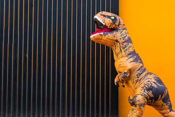 One happy and funny dinosaur costume dancing in the street with a orange colorful background - t-rex having fun - funny man inside of a costume of dino. © Daniel