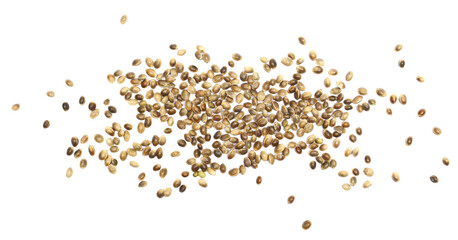Hemp seeds pile  isolated on white background, top view
