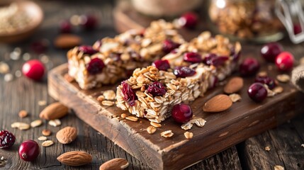 Obraz na płótnie Canvas Beautiful tasty and nutritious homemade granola bars on a wooden cutting board. Granola bars with juicy cranberries and a touch of almonds.