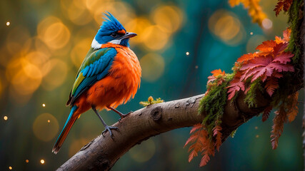 A large bird sits nestled on a knotted tree branch, its bright plumage reflecting the ethereal light of the moon.