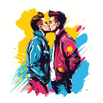 Pop art gay couple kissing comic style graphic flat