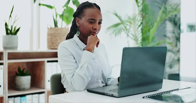 Business woman, thinking and laptop for online research in office and information on digital tech at desk. Black person, editor and inspiration on internet and creative writing on computer on blog