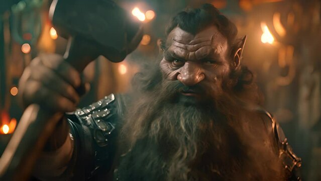 Fantasy Blacksmith Dwarf with Hammer in Forge with Ai generated.
