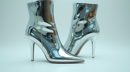 Reflective Silver Footwear With High Heels And Pointed Toes - obrazy, fototapety, plakaty