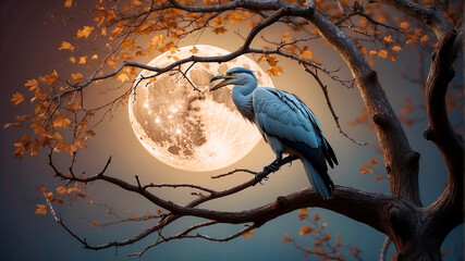 A large bird sits nestled on a knotted tree branch, its bright plumage reflecting the ethereal light of the moon. - obrazy, fototapety, plakaty