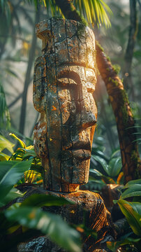 Ancient statue, explorer, lost city discovery, deep in the jungle, misty morning, 3D render, golden hour, Depth of field bokeh effect