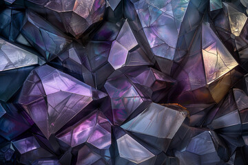 A captivating array of crystalline polygons that resemble a geode, with inner facets shining in shades of amethyst, quartz, and sapphire. - obrazy, fototapety, plakaty