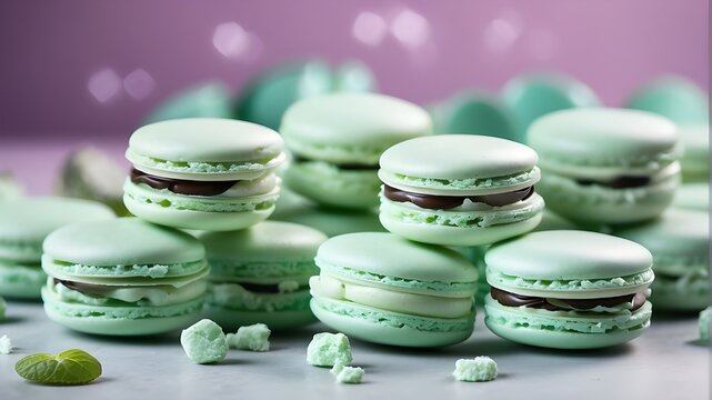 On a shiny, sparkling background, there are multiple piles of delectable mint green macarons. The macarons are arranged neatly, showcasing their smooth, delicate shells and enticing pastel green color