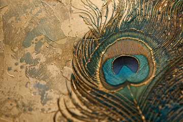 A close-up of a peacock feather, showcasing its intricate patterns and vivid colors ranging from emerald green to sapphire blue, set against 