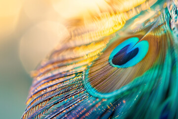 A close-up of a peacock feather, showcasing its intricate patterns and vivid colors ranging from emerald green to sapphire blue - obrazy, fototapety, plakaty