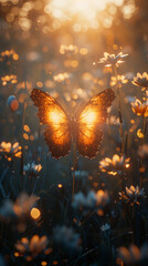 Butterfly, wings, mental health journey, emerging from darkness to light, supportive environment, 3D render, golden hour, Lens Flare