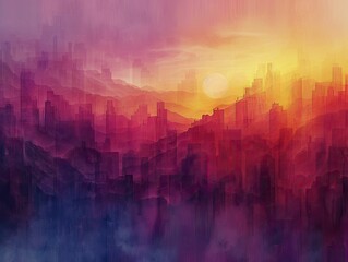 Digital Dawn reveals abstract hues, heralding new predictive opportunities at sunrise. - obrazy, fototapety, plakaty