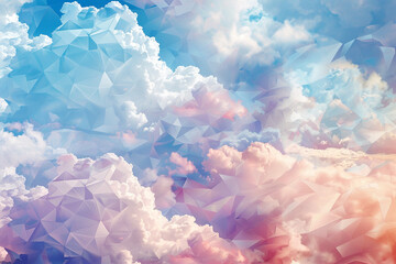 A dreamy, pastel-colored polygonal cloud landscape, with soft pinks, blues, and lavenders creating...