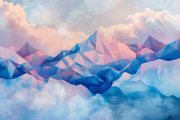 A dreamy, pastel-colored polygonal cloud landscape, with soft pinks, blues, and lavenders creating...