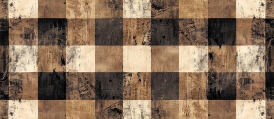 A detailed closeup of a brown and beige checkered textile pattern on a wooden surface, resembling military camouflage. The rectangular design adds a touch of art to the floor