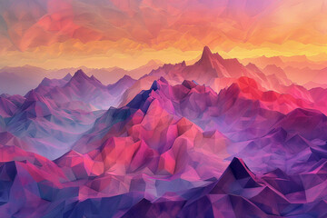A dynamic polygonal landscape, where sharp peaks and valleys are rendered in a vibrant palette of sunset colors, from deep purples to fiery oranges and reds.