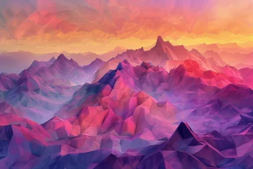 Zelfklevend Fotobehang Mistige ochtendstond A dynamic polygonal landscape, where sharp peaks and valleys are rendered in a vibrant palette of sunset colors, from deep purples to fiery oranges and reds.