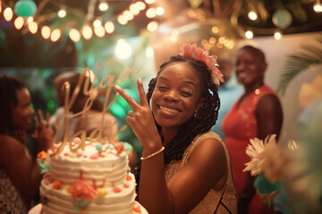 Tropical Birthday Bliss: Young Black Woman in Her Thirties Enjoying a Festive Cake at Party
