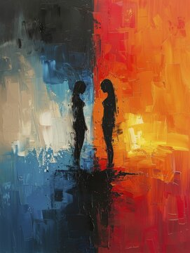 Political Polarization Visualized: Split Abstract Canvas in Contrasting Colors.